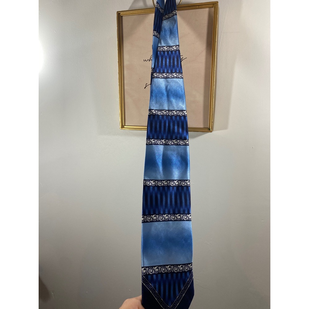 Porta Rossa Mens Blue Gradient Filigree Striped Polyester Necktie Hand Made